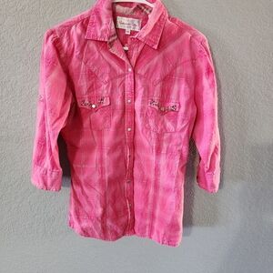 Womens Pink Western Plaid Button-Up Shirt